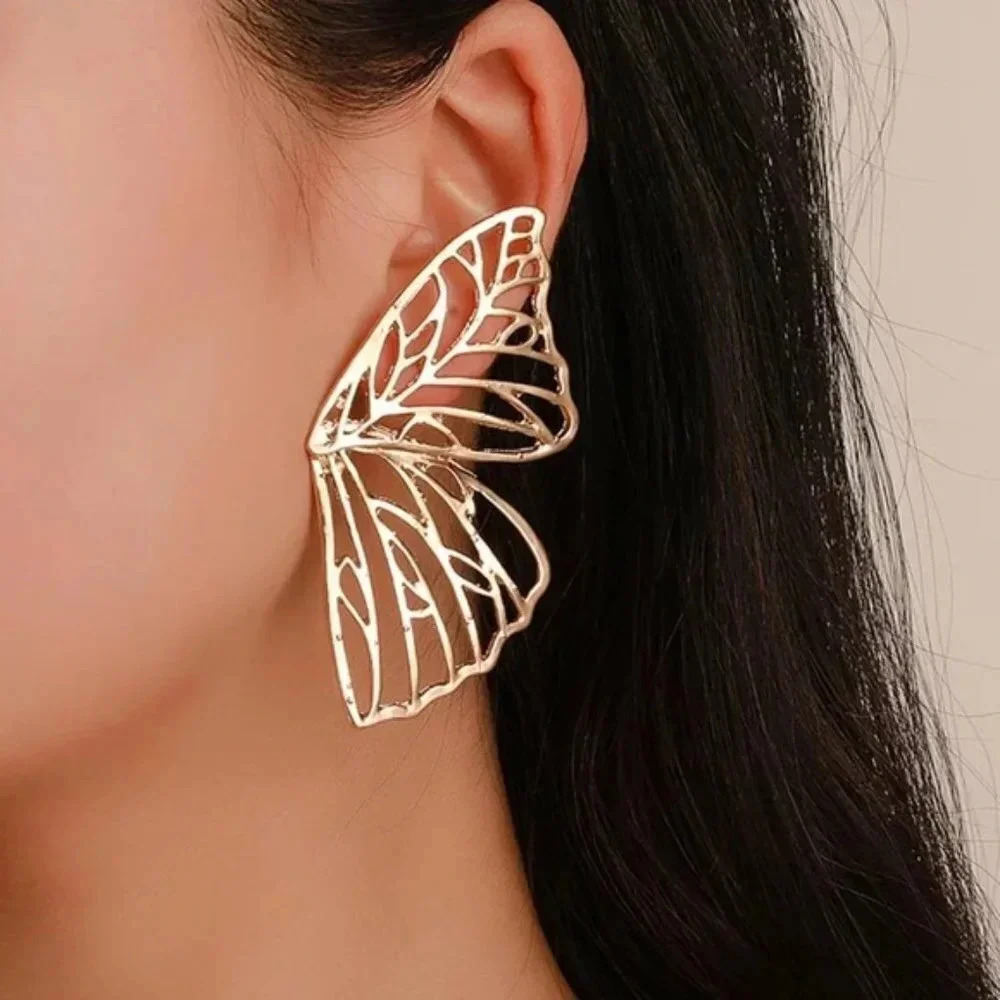 Large Big Gold Butterfly Wings Statement Stud Earrings Gold Statement Earrings - Picture 2 of 7